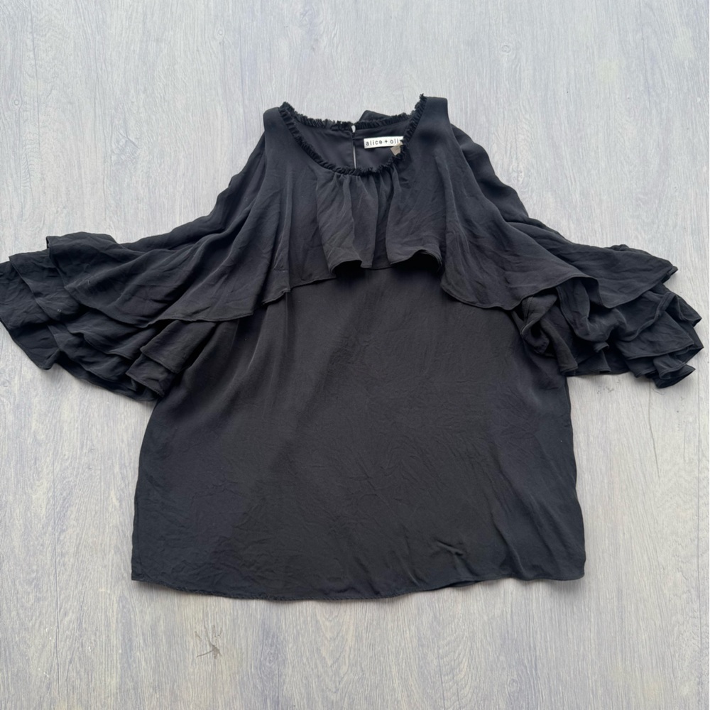 Alice‎ + Olivia Black Frilled “cold shoulder” silk blouse